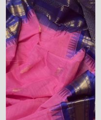 Rose Pink and Navy Blue color gadwal cotton handloom saree with all over buties with temple kuthu interlock border design -GAWT0000219