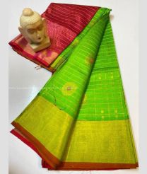Parrot Green and Red color Kollam Pattu handloom saree with all over checks and buties sarees design -KOLP0000665