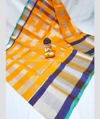 Mango Yellow and Purple Blue color Uppada Cotton handloom saree with plain design -UPAT0004347