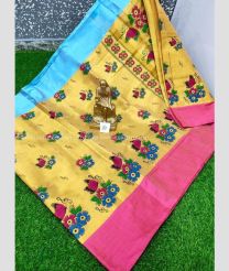 Yellow Sky BLue and Pink color Uppada Cotton handloom saree with printed design saree -UPAT0003070