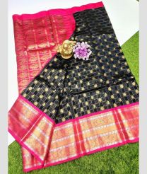 Magenta and Black color Chenderi silk handloom saree with all over checks and buties saree design -CNDP0012074