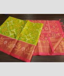 Acid Green and Pastel Pink color Ikkat sico handloom saree with pochampalli ikkat design -IKSS0000343