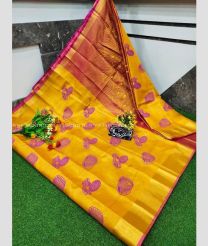Mango Yellow and Pink color Uppada Tissue handloom saree with all over screen printed design -UPPI0001698