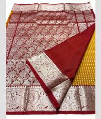 Golden Yellow and Maroon color venkatagiri pattu handloom saree with all over button buties design -VAGP0000594