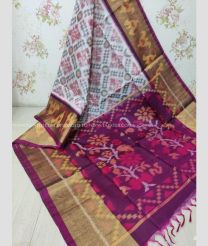 Half White and Plum Purple color Ikkat sico handloom saree with pochampalli ikkat design -IKSS0000289