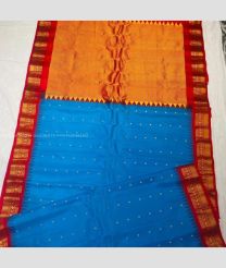 Aqua Blue and Red color gadwal pattu handloom saree with temple  border saree design -GDWP0000783