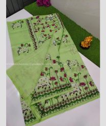 Pista Green color linen sarees with all over pichwai printed design -LINS0002949