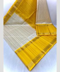 Half White and Yellow color kuppadam pattu handloom saree with all over jari checks and buties with kuppadam kanchi border design -KUPP0097085