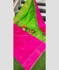 Rose Pink and Parrot Green color Tripura Silk handloom saree with pochampally border design -TRPP0008545
