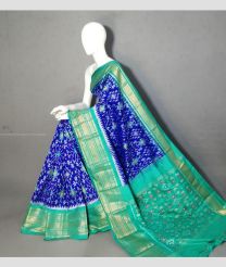 Blue and Turquoise color pochampally ikkat pure silk handloom saree with kanchi border design -PIKP0037189
