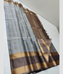 Grey and Golden color soft silk kanchipuram sarees with all over buties and checks with double warp border design -KASS0000983