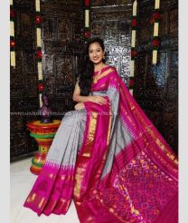 Grey and Pink color pochampally ikkat pure silk handloom saree with pochampally ikkat design -PIKP0036777