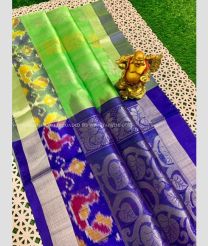 Parrot Green and Blue color Kollam Pattu handloom saree with pochampalli border saree design -KOLP0000674