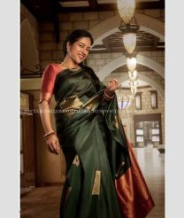 Dark Green and Red color Lichi sarees with zari buta saree design -LICH0000042