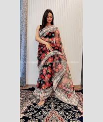 Black color Organza sarees with all over thread digital floral prints and zari work border design -ORGS0002952