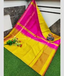 Yellow and Pink color Uppada Soft Silk handloom saree with all over mahanati checks design -UPSF0003868