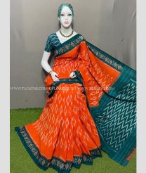 Orange and Teal color pochampally Ikkat cotton handloom saree with special marthas patterns design -PIKT0000603