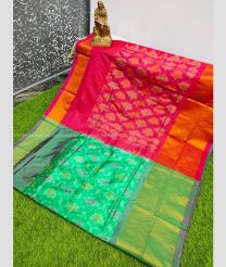 Aquamarine and Deep Pink color Uppada Soft Silk handloom saree with all over pochampally with big border design -UPSF0003383