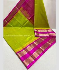 Parrot Green and Pink color kuppadam pattu handloom saree with plain with temple and silver and gold kaddi border design -KUPP0096658
