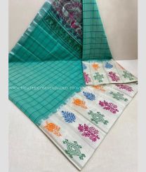 Medium Teal and White color Chenderi silk handloom saree with all over thread weaving checks with kalamkari printed border design -CNDP0014844