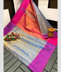 Grey and Orange color Uppada Tissue handloom saree with plain with two sides pattu border design -UPPI0001555