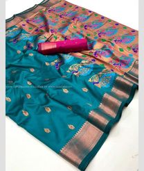 Medium Teal and Pink color paithani sarees with all over jari buties with copper jari munia design border -PTNS0005073