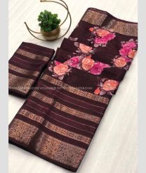 Chocolate color silk sarees with all over printed with 12 inch and jacquard border design -SILK0017526