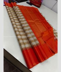 Cream and Orange color kanchi pattu handloom saree with plain with temple with 2g pure jari traditional korvai border design -KANP0013605