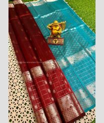 Red and Blue Turquoise color mangalagiri sico handloom saree with all over silver jari checks and buties with kanchi border design -MAGI0000214