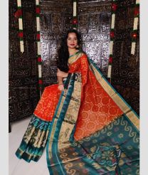 Red and Dark Teal color Ikkat sico handloom saree with all over ikkat design -IKSS0000452