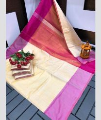 Cream and Lavender color Uppada Tissue handloom saree with plain with two sides pattu border design -UPPI0001727