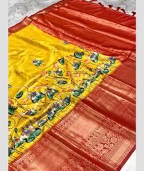 Yellow and Red color Banarasi sarees with bandhani printed design -BANS0007913