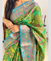 Blue Turquoise and Parrot Green color Banarasi sarees with all over printed design -BANS0002217