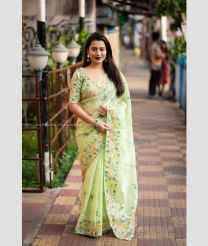 Pista Green color linen sarees with all over embroidery design with piping border -LINS0003140