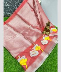 Peach Pink and Salmon color linen sarees with all over embroidery hand work buties with tissue border design -LINS0003576