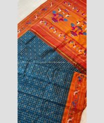 Peacock Blue and Red color paithani pure silk handloom saree with all over checks saree design -PTNP0000083