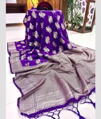 Purple and Cream color silk sarees with all over silver jari meenakari gulab buties with jari woven border design -SILK0017384