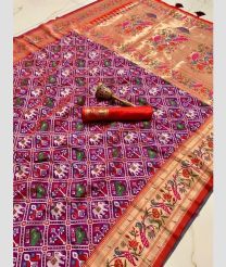 Purple and Red color silk sarees with all over elephant with peacock border saree design -SILK0001161