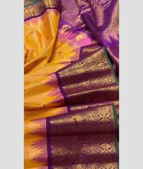 Orange and Magenta color gadwal pattu handloom saree with all over checks and buties with kanchi kuthu and temple kothakoma borders design -GDWP0001640