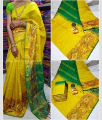 Yellow and Pine Green color Tripura Silk handloom saree with plain with big pochampally ikkat border design -TRPP0008503