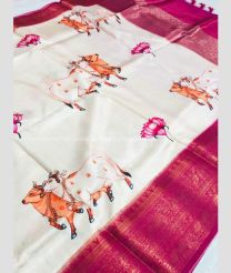 White and Magenta color Banarasi sarees with all over woven with jari work and majestic contrast kalamkari design printed -BANS0014801