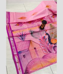 Rose Pink and Orange color Uppada Cotton handloom saree with all over brush printed design -UPAT0004512
