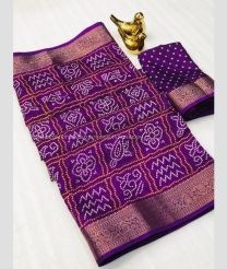Purple color silk sarees with all over bandhani pritned with heavy jacquard border both side design -SILK0017302