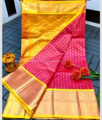 Pink and Yellow color kuppadam pattu handloom saree with all over buties with kanchi kuppadam border design -KUPP0096991