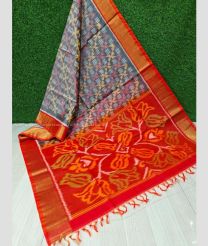 Grey and Red color Ikkat sico handloom saree with all over ikkat design -IKSS0000346