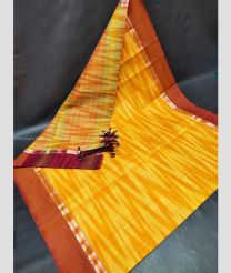 Yellow and Brown color Uppada Cotton handloom saree with all over check ikkat design -UPAT0004486