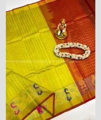 Acid Green and Red color Kollam Pattu handloom saree with all over checks design -KOLP0001708