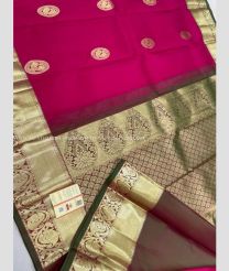 Pink and Brown color kanchi pattu handloom saree with all over double warp thread with traditional buties design -KANP0013703
