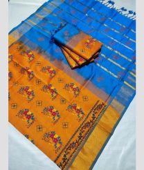 Mustard Yellow and Blue color Tripura Silk handloom saree with kaddy border design -TRPP0008585