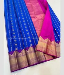 Blue and Pink color kanchi pattu handloom saree with all over sequence buties and kanchi border design -KANP0013294